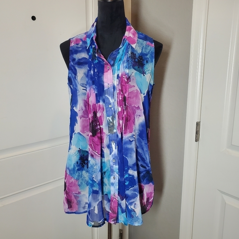 Fever‎ Button Front Sleeveless Pleated Blouse Watercolor Floral Women's Small